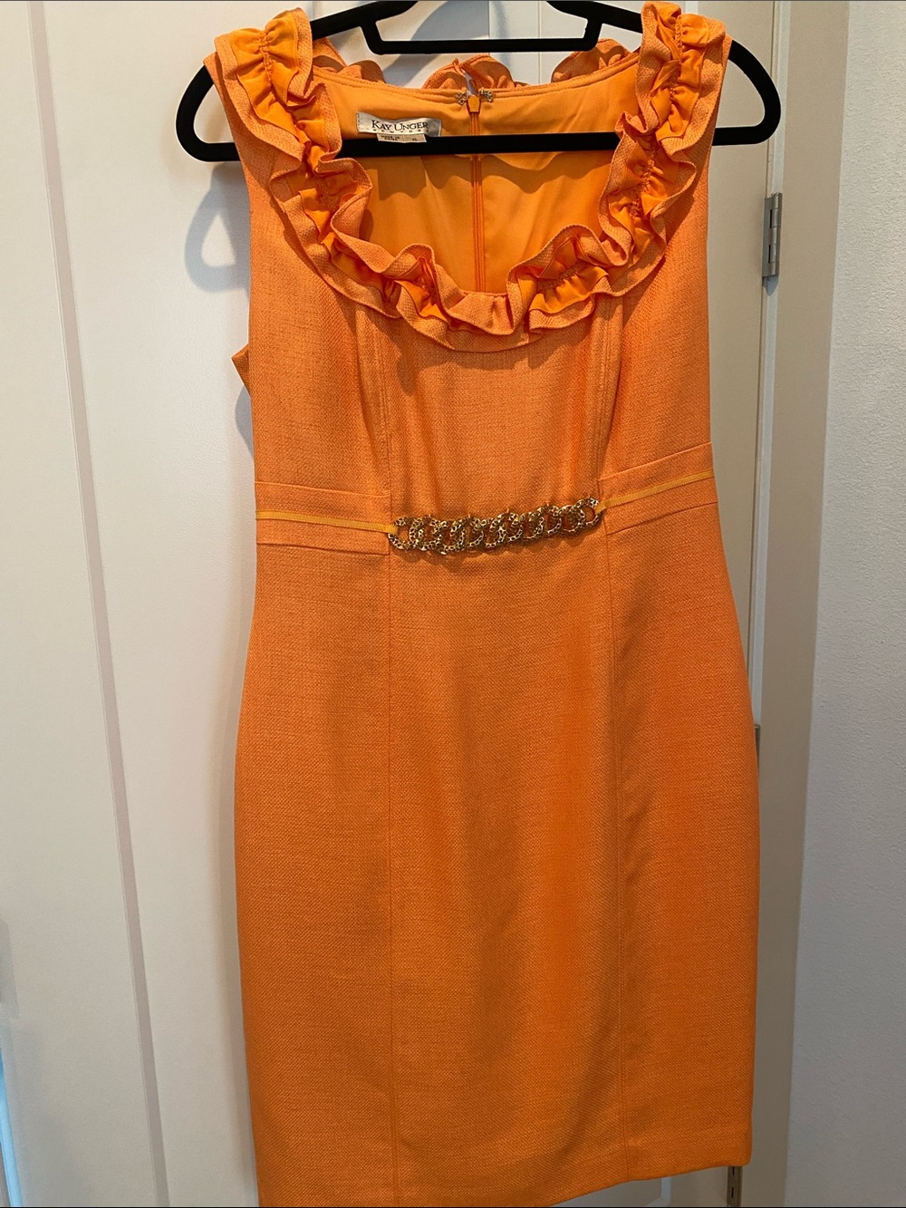 Kay Unger Orange Ruffle-Neck Sheath with Gold Chain Detail